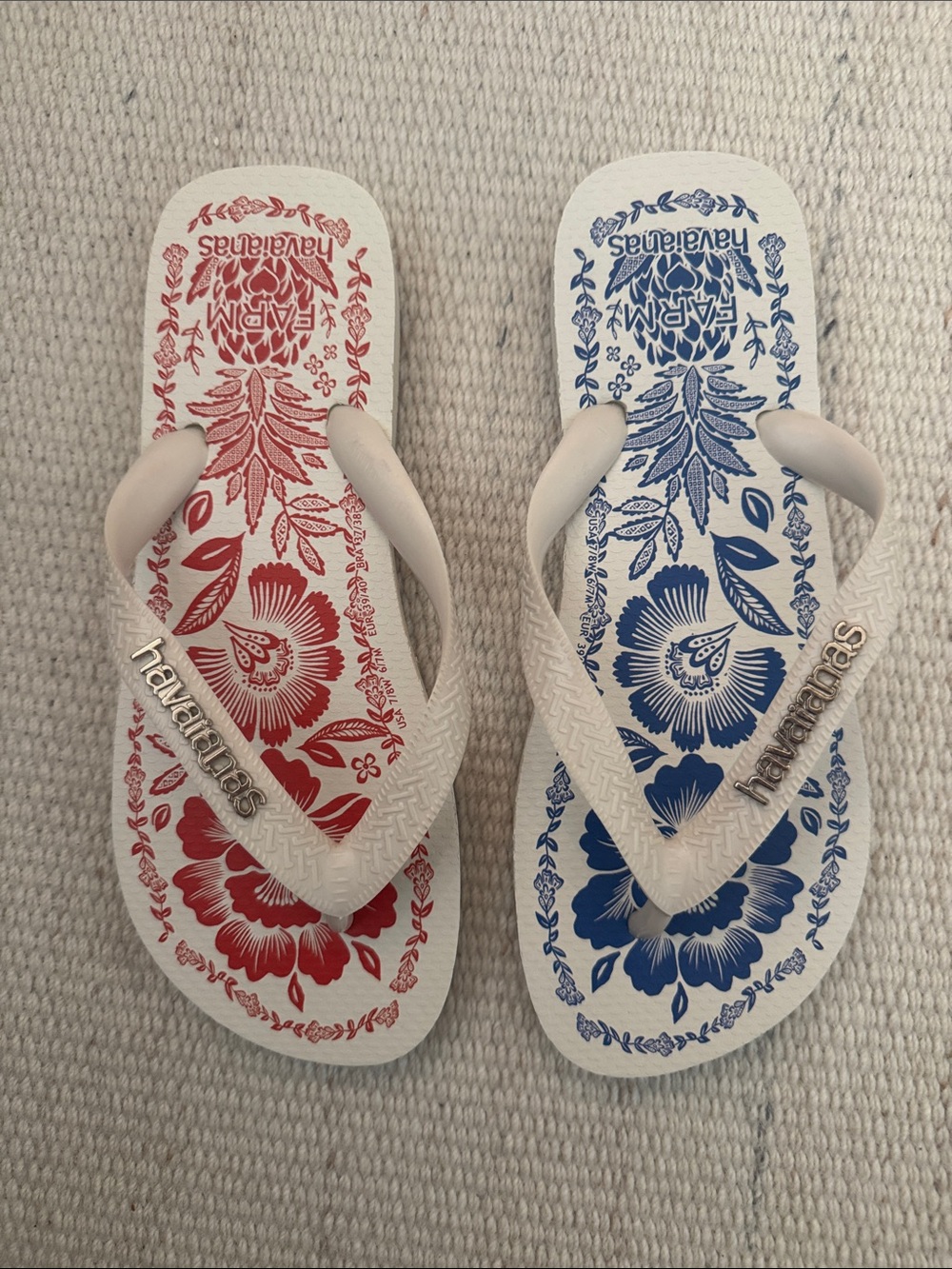 FARM Rio x Havaianas White Flip Flops with Red & Blue Floral Prints